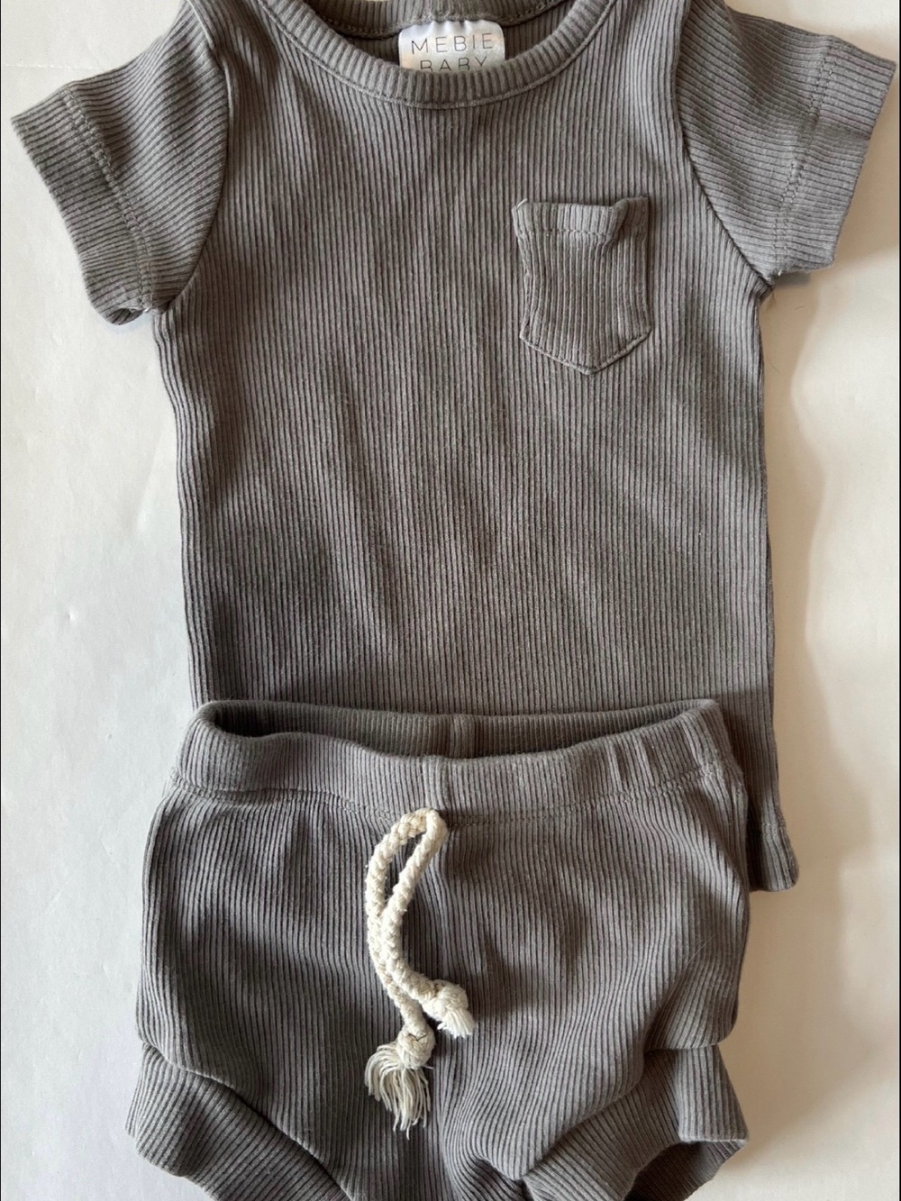 Mebie Baby Grey Ribbed Kids Matching Set - Short Sleeve & Shorts 3-6M